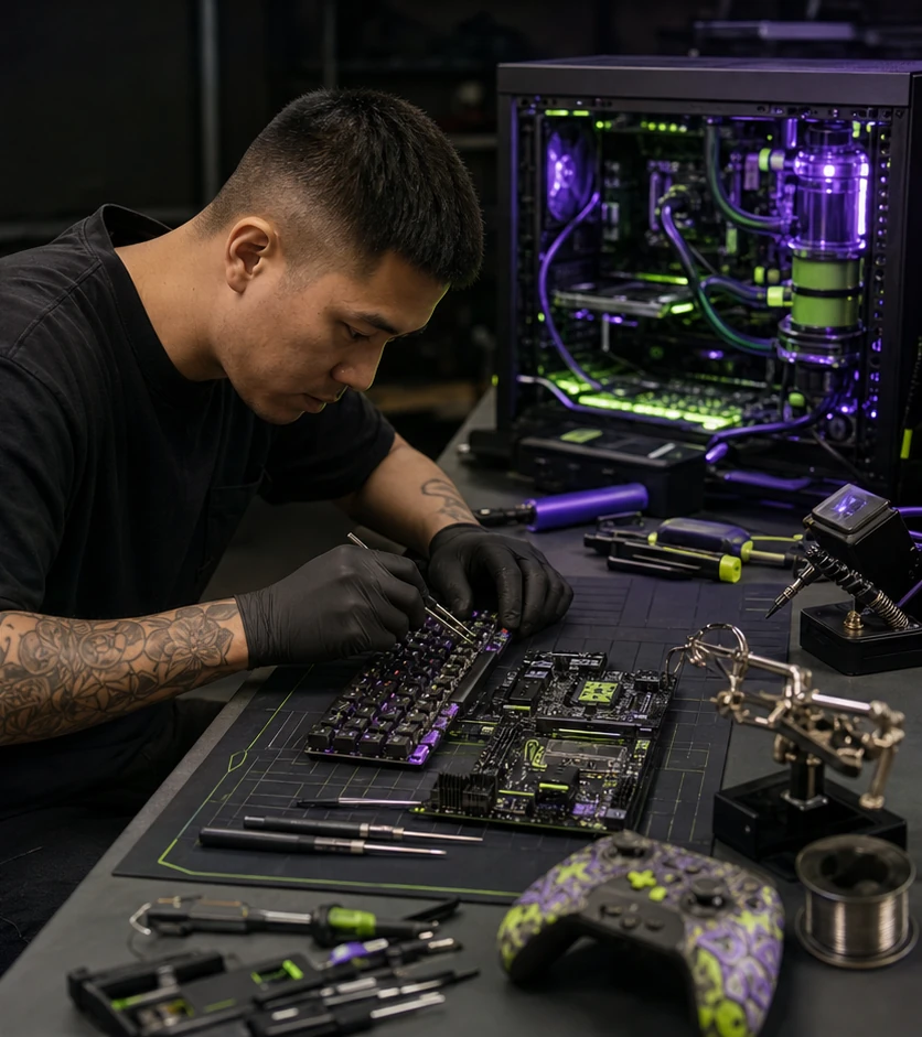 Técnico reparando un teclado custom y componentes electrónicos